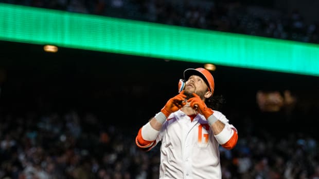 SF Giants shortstop Brandon Crawford reacts after hitting a two-run home run against the Arizona Diamondbacks during the sixth inning at Oracle Park on August 1, 2023.